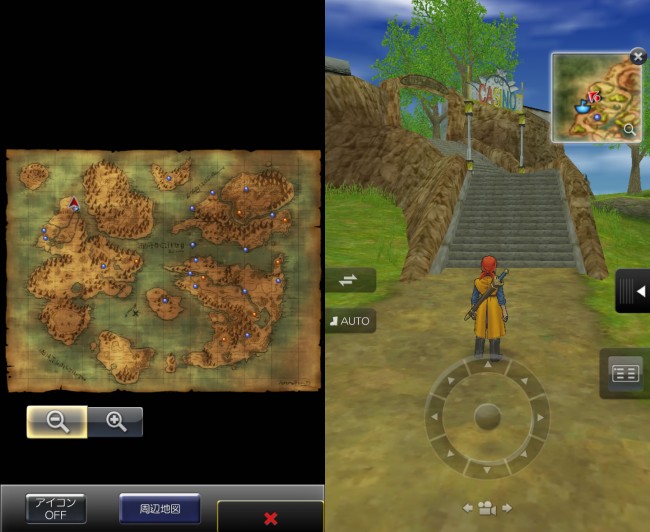 dq8_47 ドラゴンクエスト8 スマホリメイク版 攻略 第5回 トロデーン城/月影のハープを獲得/モグラのアジト/メダル王女の城/ベルガラック/モンスターバトルロード 左側の地図画像の矢印の位置に教会がある。そこから西へ進むとベルガラック。 dq8_47 ドラゴンクエスト8 スマホリメイク版 攻略 第5回 トロデーン城/月影のハープを獲得/モグラのアジト/メダル王女の城/ベルガラック/モンスターバトルロード 左側の地図画像の矢印の位置に教会がある。そこから西へ進むとベルガラック。