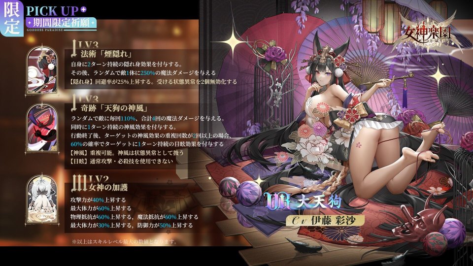 これは履いてない？裏の繁華街『ヨシワラ』の頭領UR「大天狗」がケモミミセクシーで萌える放置育成RPG『女神楽園 ガーデス・パラダイス』の画像